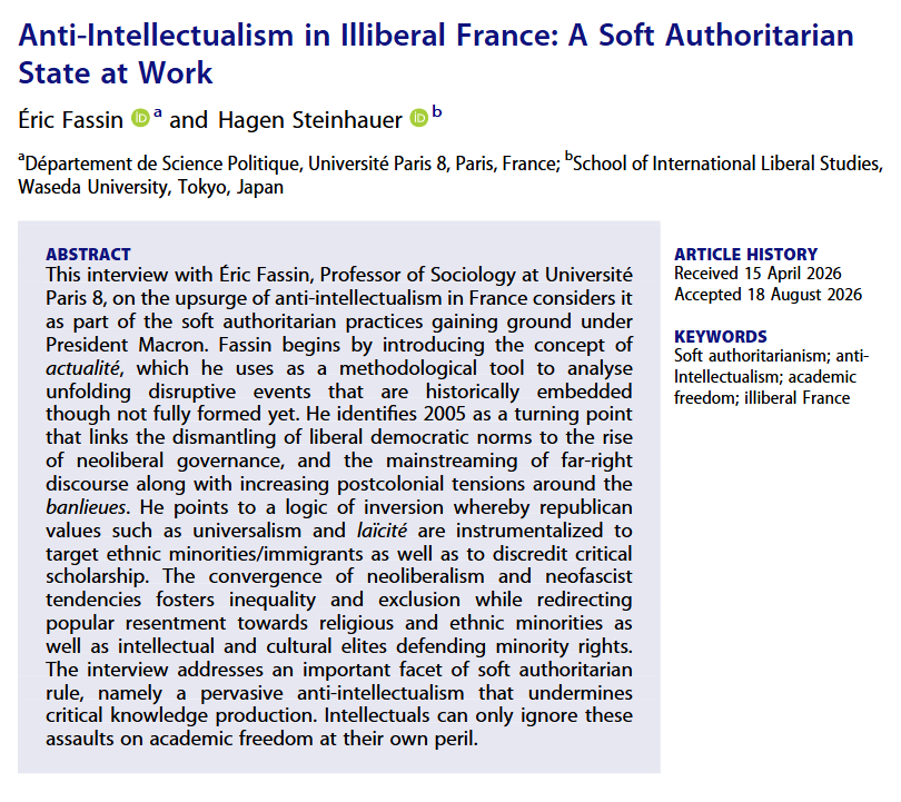 GloblSociety's tweet photo. 🚨New #OnlineFirst article out with Global Society!🚨
"Anti-Intellectualism in Illiberal France: A Soft Authoritarian State at Work" is by @EricFassin and Hagen Steinhauer.
Do follow the link below and give it a read!👇 https://t.co/ecIEixCYVt