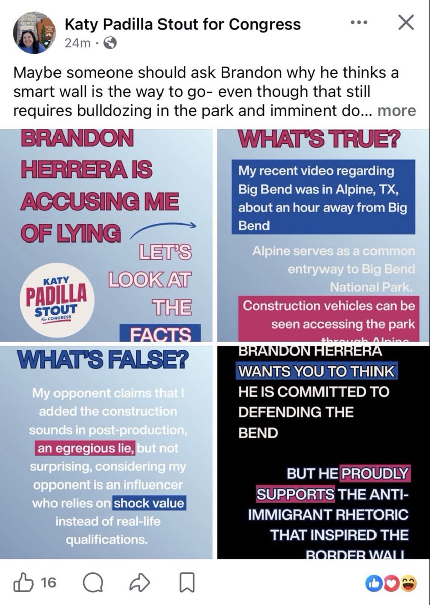 TheAKGuy's tweet photo. My opponent continues to double down, despite being caught in a hilariously obvious lie.

She now admits she was in Alpine, not Big Bend (100 miles away), but claims she was only talking about trucks and not construction.

Why did you mention hearing construction then, Katy? https://t.co/SxMuBVxvP7