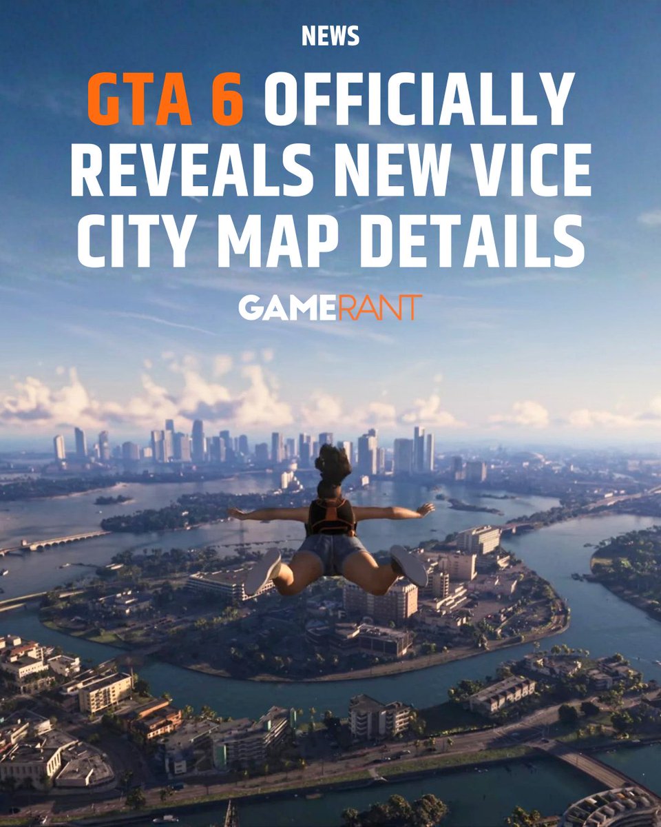 GameRant's tweet photo. New details on GTA 6's map reveal just how massive Leonida is: reportedly twice the size of GTA 5's map, with 3x the playable area of RDR2. Vice City alone is said to be twice the size of Los Santos, spanning five counties and around 10 cities and towns. https://t.co/jdlCjyWtOy https://t.co/xyyXx74kDd