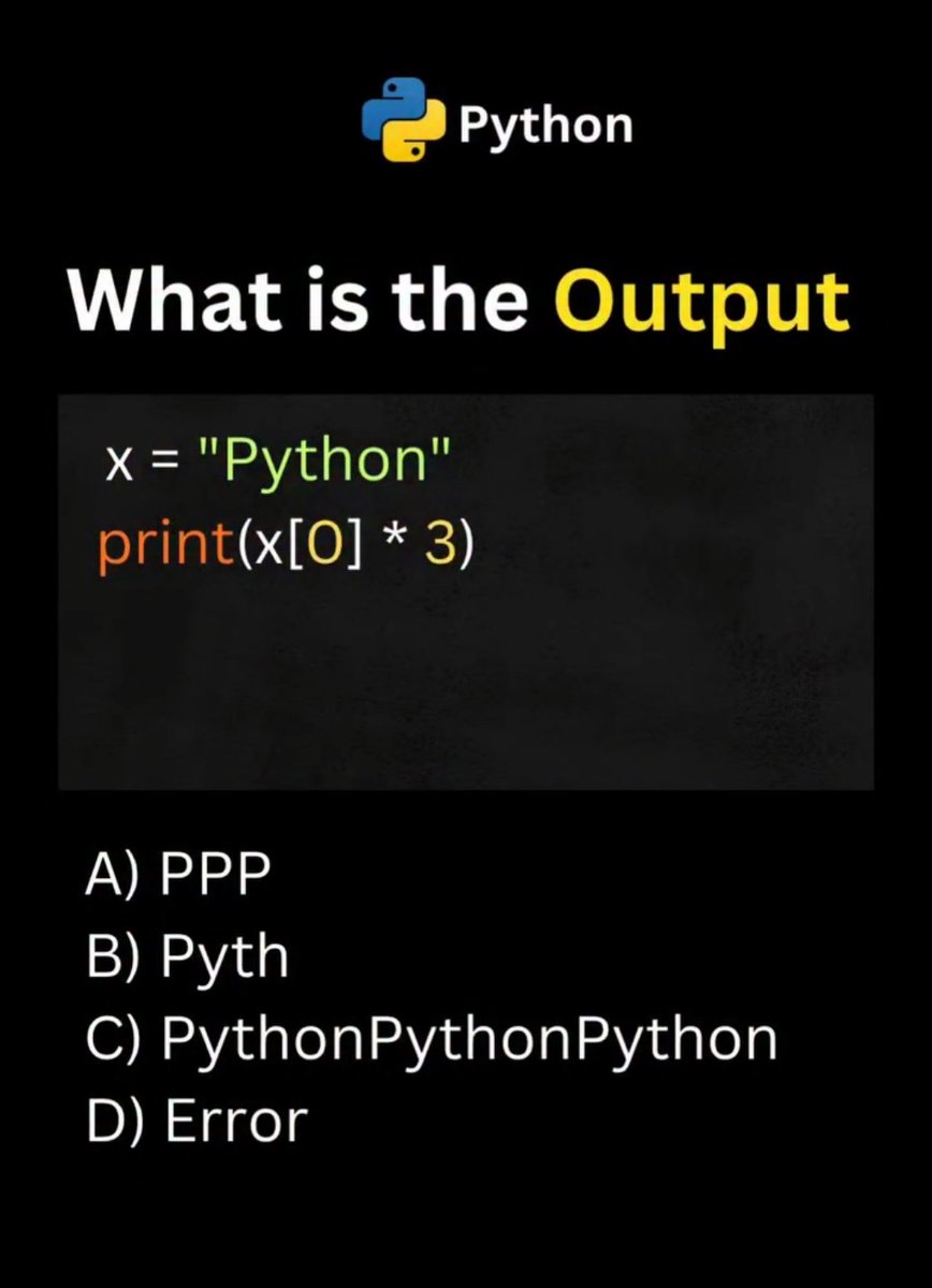 iamcodegeek's tweet photo. 🐍 Python Quiz Challenge! 🧠

Think you know Python indexing? 🤔
This question looks easy, but there's a small twist that many beginners miss! 👀

💬 Comment your answer: A, B, C, or D before running the code.

🚫 Don't execute the code first. Test you python logic. https://t.co/LVv91eEwfQ