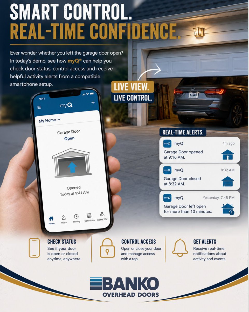 BankoDoors's tweet photo. Ask Banko about a myQ connected opener: 1.877.90.BANKO (22656)
#myQ #SmartGarage #GarageAccess #LiftMaster #BankoOverheadDoors https://t.co/ecx9wFBtSY
