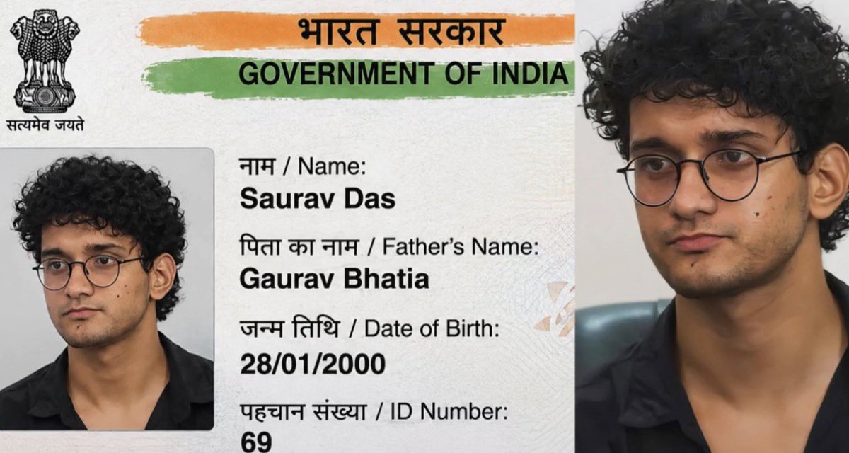PracticalSpy's tweet photo. 🚨 ब्रेकिंग: अभी-अभी सौरव दास का असली आधार कार्ड और उसके पिता का नाम मिल गया।

•उसका असली नाम सौरव दास है।
•पिता का नाम गौरव भाटिया है।
•जन्मतिथि 28/01/2000 है, यानी उम्र 26 साल।
•आईडी नंबर 69 है।

सूत्रों के मुताबिक वह बांग्लादेश से है और पश्चिम बंगाल बॉर्डर से 5,000 देकर भारत आया। फिर 3,000 देकर आधार कार्ड बनवा लिया।💯😹