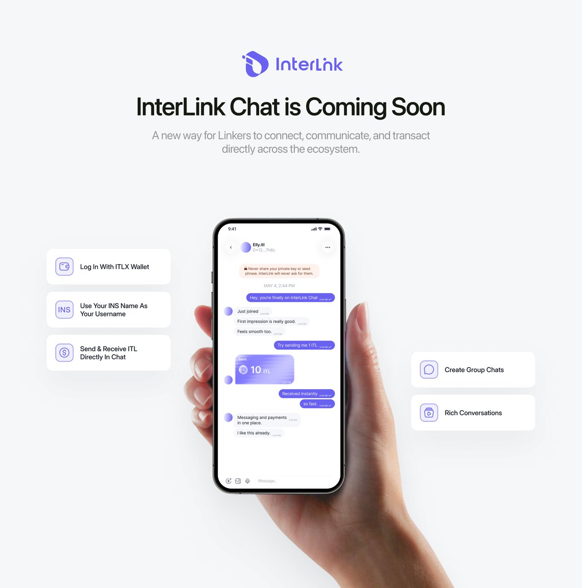 inter_link's tweet photo. 💬INTERLINK CHAT IS COMING SOON

@inter_link is preparing to introduce a new way for Linkers to connect, communicate, and transact directly across the ecosystem.

With InterLink Chat, users will be able to:

🔐 Log in with ITLX Wallet
Access your conversations directly through your wallet without creating another separate account.

🌐 Use your INS name as your username
Your INS name becomes part of your digital identity, making it easier for others to recognize and connect with you.

💸 Send & receive ITL directly in chat
Send and receive ITL directly within conversations, bringing communication and digital transactions closer together.

👥 Create group chats
Connect with friends, communities, teams, and other Linkers across the ecosystem.

📸 Rich Conversations
Share images, voice messages, and more, making communication feel as natural as the messaging platforms people already use every day.

InterLink Chat is more than just another messaging feature.
It represents a step toward a more connected @inter_link ecosystem, where identity, communication, and digital assets can exist within one unified experience.

As the Human Network continues to grow, InterLink Chat will help bring Linkers closer together and make interaction across the ecosystem simpler than ever.

Coming soon. 👀
#InterLink #ITL #ITLG