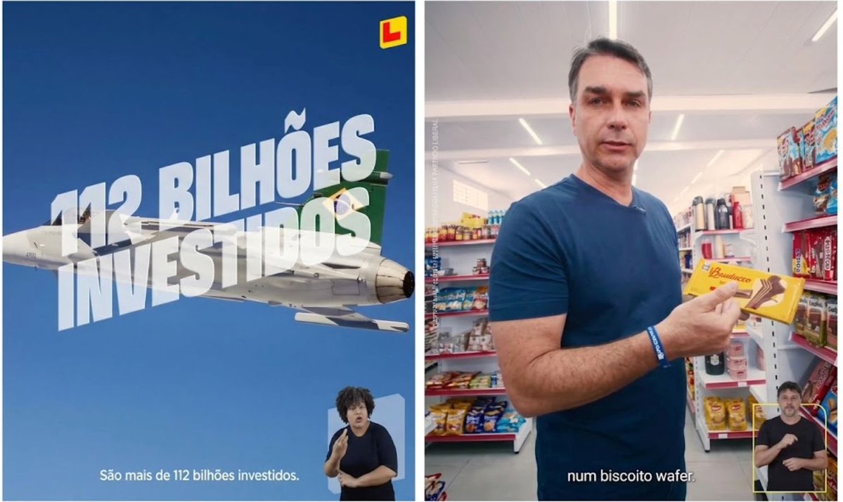 camilo_aggio's tweet photo. Esses são dois frames bastante ilustrativos das propagandas de Lula e Flávio Bolsonaro que foram ao ar na televisão ontem. Ajudam muito a explicar o crescimento expressivo de Flávio Bolsonaro na pesquisa Quaest, publicada ontem e na Meio/Ideia, que saiu hoje. 👇 https://t.co/eeS3z8fnsk