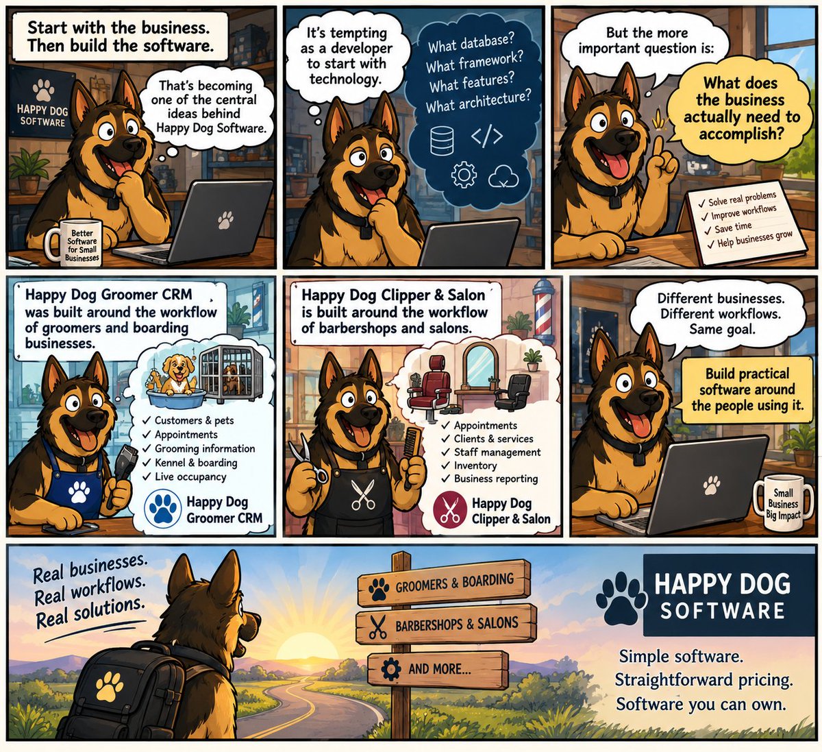 HappyDogSoftwar's tweet photo. A lesson from building Happy Dog Software:

Start with the business. Then build the software.

Purpose-built software doesn't need to do everything.

It needs to do the right things well.

#IndieDev #SmallBusiness #SoftwareDevelopment https://t.co/TsUCLI3w6b