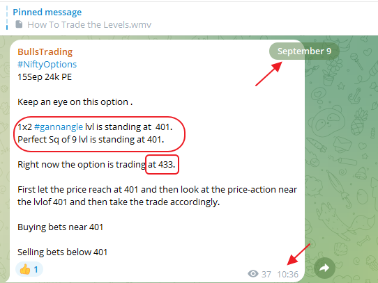Bullstrading's tweet photo. Today in the group, at 10:36 shared the 1x2 #gannangle lvl of 401 for #Nifty 15Sep 24k PE. At that time it was trading at 433.
The Option came at 401 , passed some time at 401,made Gann patern near 401
And, the option rocketed from 401 to 511
Chart attached...
#GANN
#gannangles https://t.co/RnMR6o1WfK