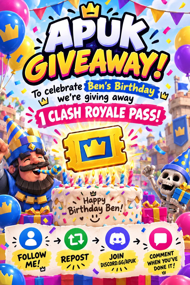 BenCr_'s tweet photo. 🚨🎉 BIRTHDAY PASS ROYALE GIVEAWAY 🎉🚨 

To Celebrate my Birthday me and @APUKCR are giving away 1 x Pass Royale to someone who does the following:

1. Follow @BenCr_ 
2. Join https://t.co/Gw3vrgNRrN
3. RT &amp; Like 

Good luck 🎂🔥 https://t.co/EpYrnXPKkC