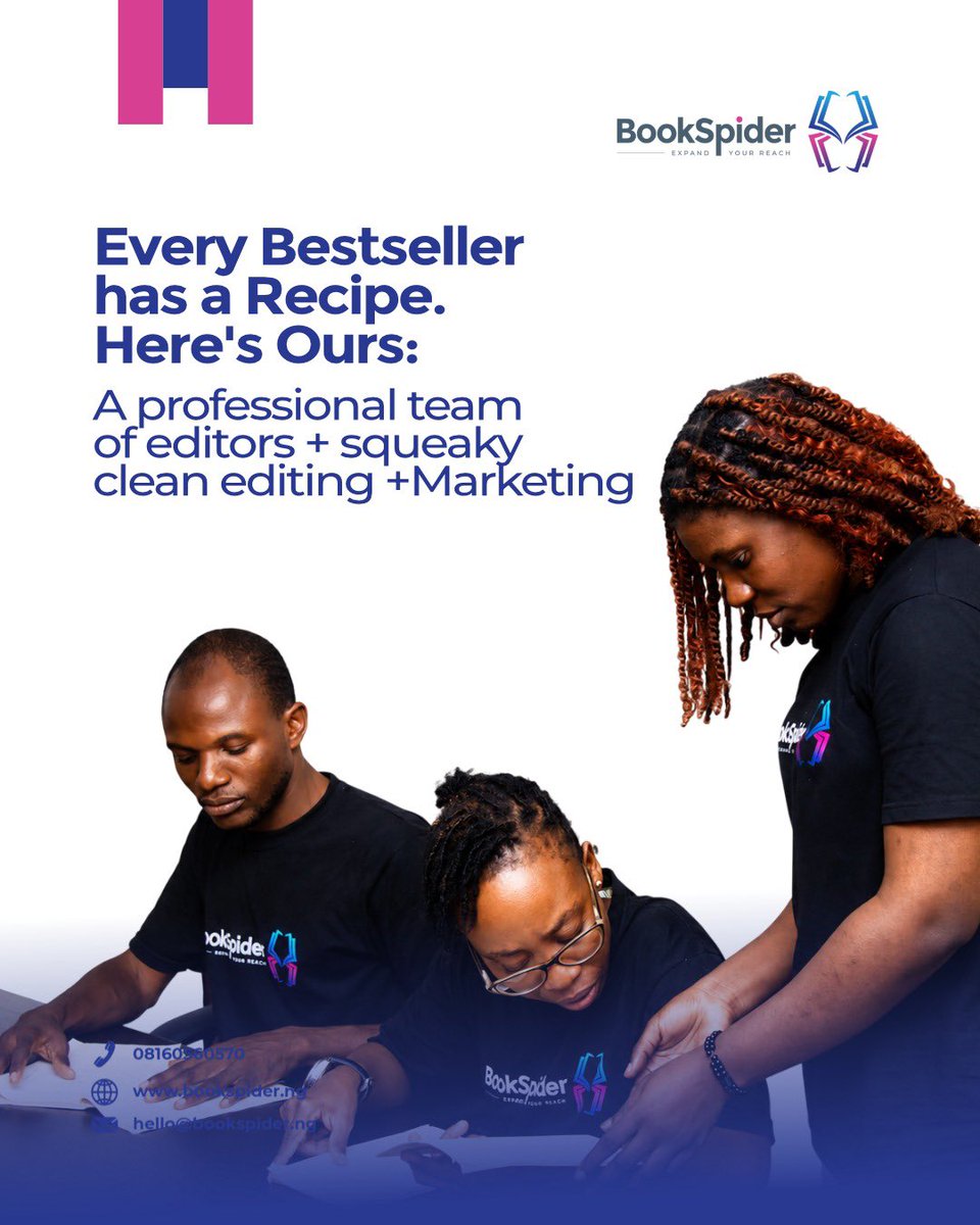 bookspiderng's tweet photo. If you desire a professional team of editors that sees what others miss, then that will be the BookSpider team.
We not only publish your book, we position your book to sell.
Contact us today; let’s get started.
#bookspider #publishing #bestseller #teamofprofessionals https://t.co/BcHVfrkw83