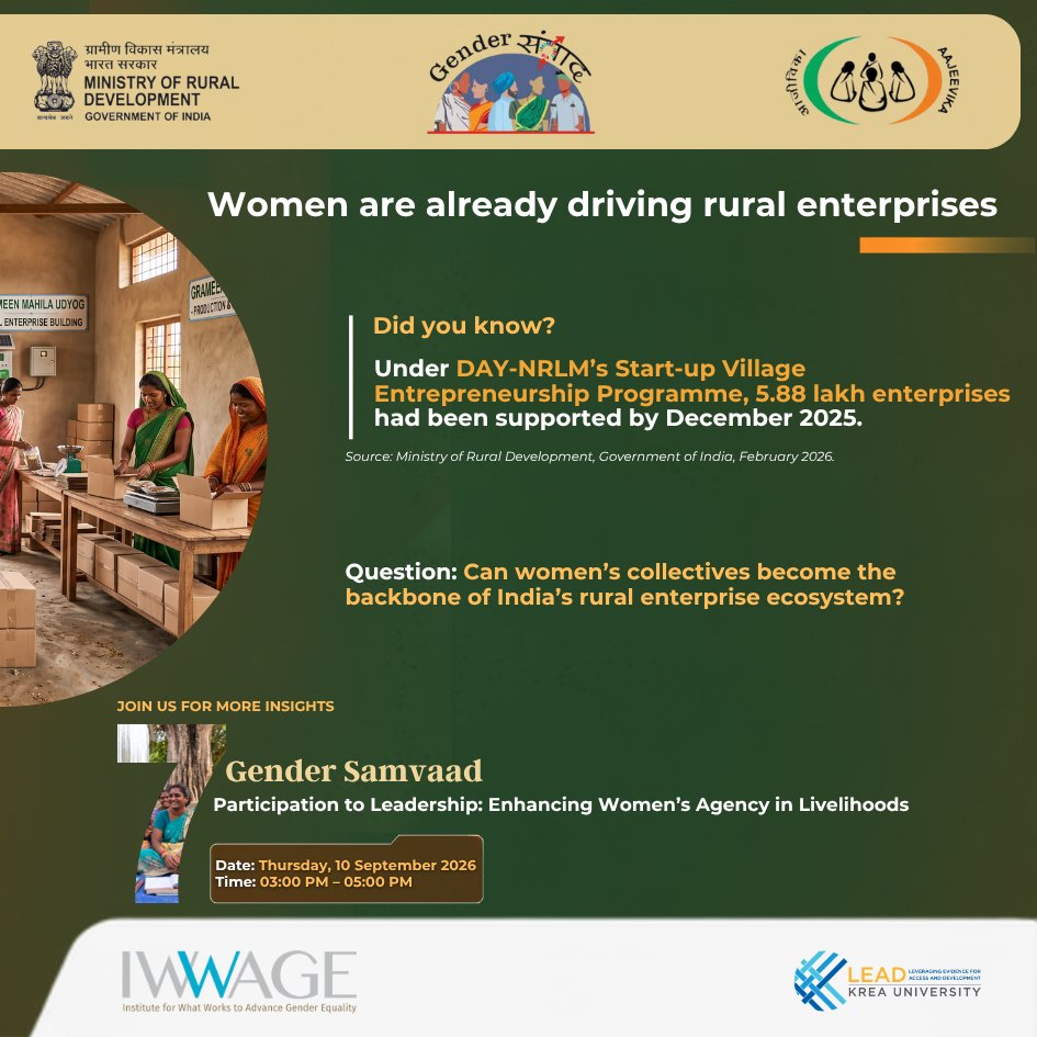 MoRD_GoI's tweet photo. 📢7th Gender Samvaad

MoRD’s National Campaign on Entrepreneurship-II (21 Aug–21 Nov 2026) is strengthening rural women’s entrepreneurship through enterprise development, formalisation, digital platforms, value chains and market access.

With 5.88 lakh enterprises supported under Deendayal Antyodaya Yojana - National Rural Livelihoods Mission’s SVEP, the next step is strengthening institutions that advance sustainable livelihoods, enterprise and women’s leadership.  

🎙️ Participation to Leadership: Enhancing Women’s Agency in Livelihoods  

📅 10th September 2026 |  
🕒 3:00 - 5:00 PM  
🌐 https://t.co/gn2GQFRjP4   

#MoRD #DAYNRLM #WomenEmpowerment #RuralLivelihoods #SeventhGenderSamvaad

@ChouhanShivraj @OfficeofSSC @kamleshpassi67 @PemmasaniOnX @PIB_India @MIB_India @kansalrohit69 @AgriGoI @mygovindia @airnewsalerts @PMOIndia @Narendramodi @DDNational