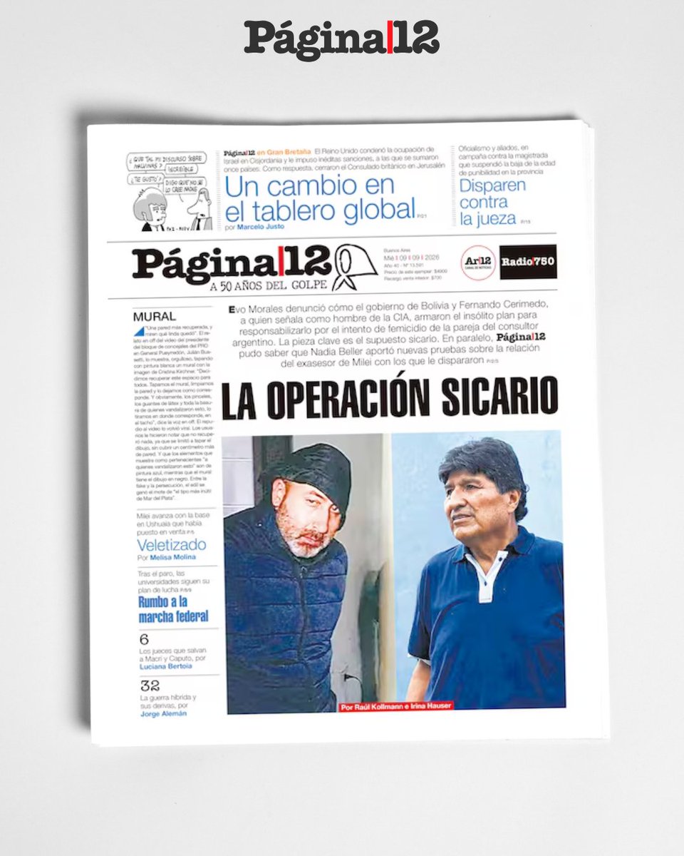 pagina12's tweet photo. LA OPERACIÓN SICARIO [https://t.co/zbiZ23Yf3n]

Evo Morales denunció que el gobierno de Rodrigo Paz y el consultor argentino Fernando Cerimedo buscan torcer la causa por el intento de femicidio de Nadia Beller y apuntar contra el expresidente. https://t.co/cTm0JXAOnG