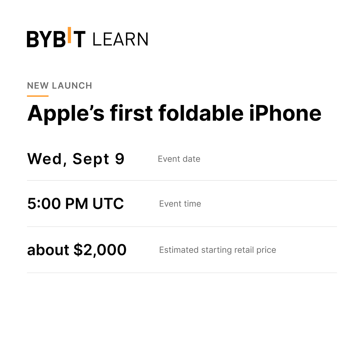 Bybit_Learn's tweet photo. @Apple is set to unveil its foldable iPhone today!

This product launch will be a big test for new CEO, John Turnes 👇🏽
https://t.co/d1oD0n2hvo

🤔 Would you rather:
- buy the new foldable iPhone?
- invest in $AAPL ?

Let us know in the comments.

#MarketPulse https://t.co/oTqKlGuY2D