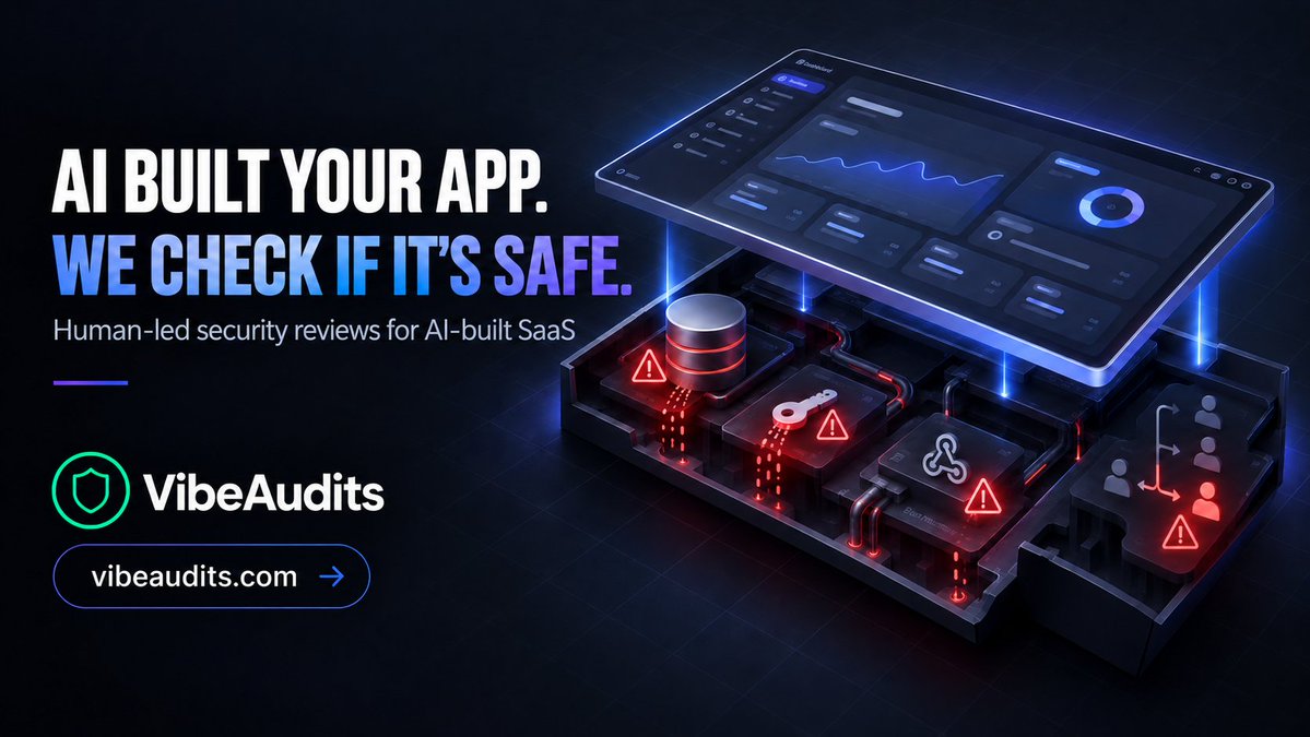 axentiatech's tweet photo. Your AI-built app can look finished and still expose customer data, API keys or payment flows.

VibeAudits manually reviews AI-built SaaS apps to find the security issues automated checks miss.

Launching soon? Get it reviewed.

https://t.co/1S89hjeHg4 https://t.co/Sme8f3szH5
