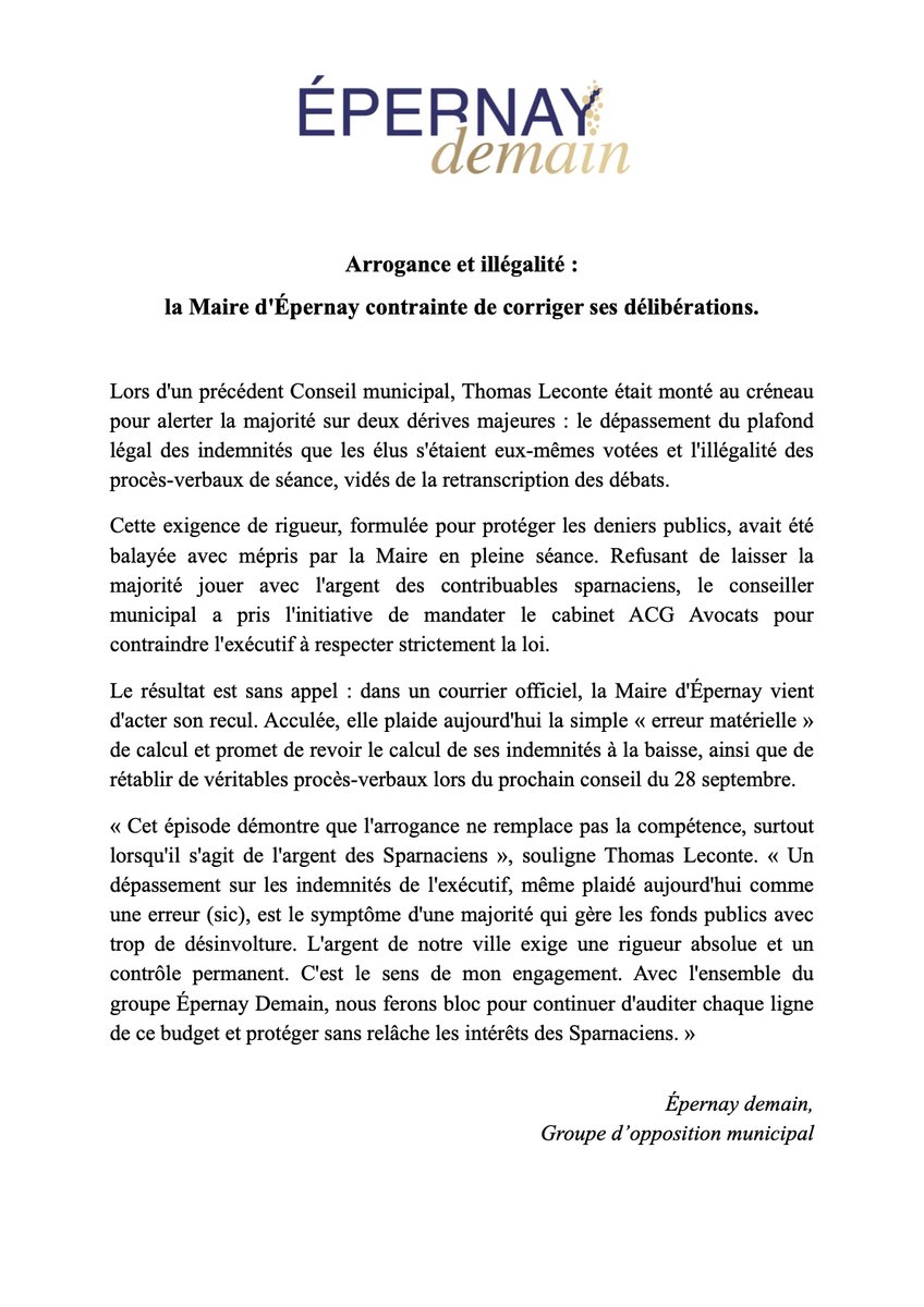 EpernayDemain's tweet photo. 🔴 Recul à la mairie d’Épernay ! 
Suite à l'alerte de T. Leconte (@EpernayDemain), la Maire corrige ses délibérations (indemnités, PV).
Saisie par un cabinet d’avocats, la majorité recule. L'argent public exige de la rigueur. ⚖️
#Epernay #Transparence https://t.co/sQRHoICOEE
