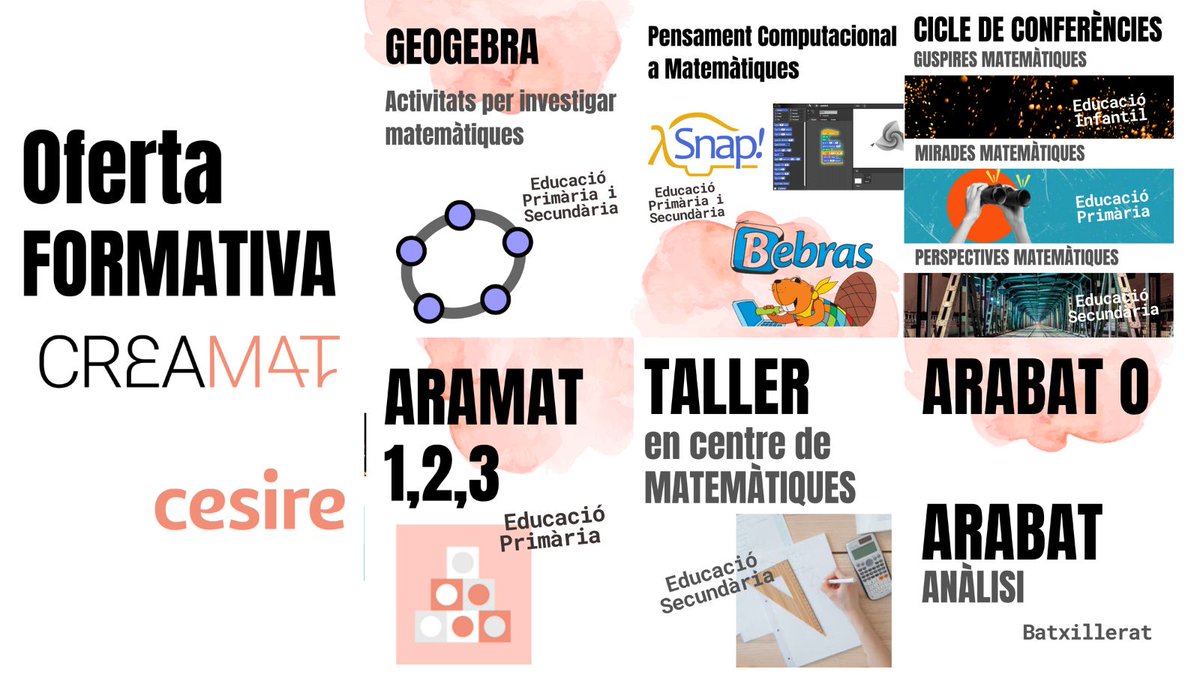cesirecat's tweet photo. Un curs, una formació, un canvi real a l’aula.
Descobreix les formacions de @creamat1  per continuar aprenent i enriquint l’aprenentatge de les matemàtiques.
📌 Inscriu-t’hi a l’enllaç  https://t.co/82azrUmbXF
Segueix @cesirecat per descobrir més recursos i formacions. https://t.co/4tfXrPegb6