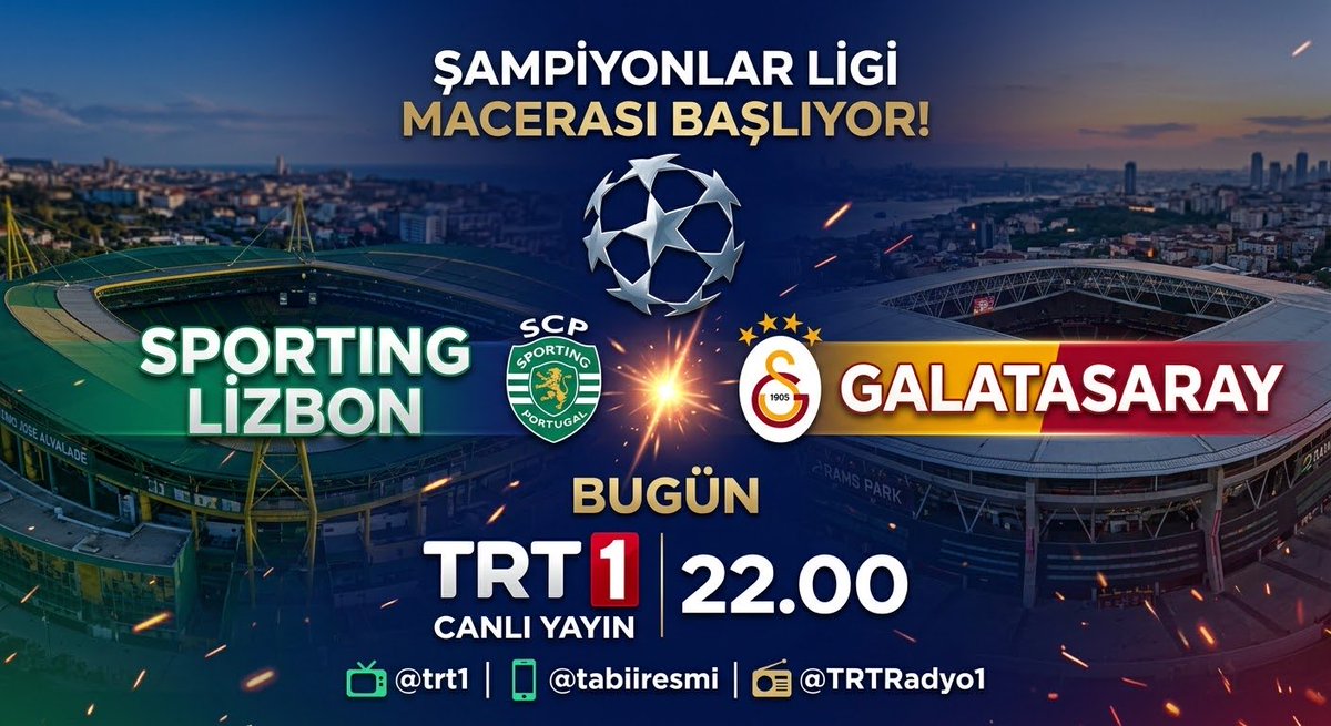 Turkeysupercup's tweet photo. Temsilcimiz Galatasaray'ın Şampiyonlar Ligi macerası TRT ekranlarında başlıyor!

🆚 Sporting Lizbon x Galatasaray

🏆 #UCL

📅 Bugün

🕙 22.00

📺 @trt1

📱 @tabiiresmi

📻 @TRTRadyo1 https://t.co/mMBS9yKYNi