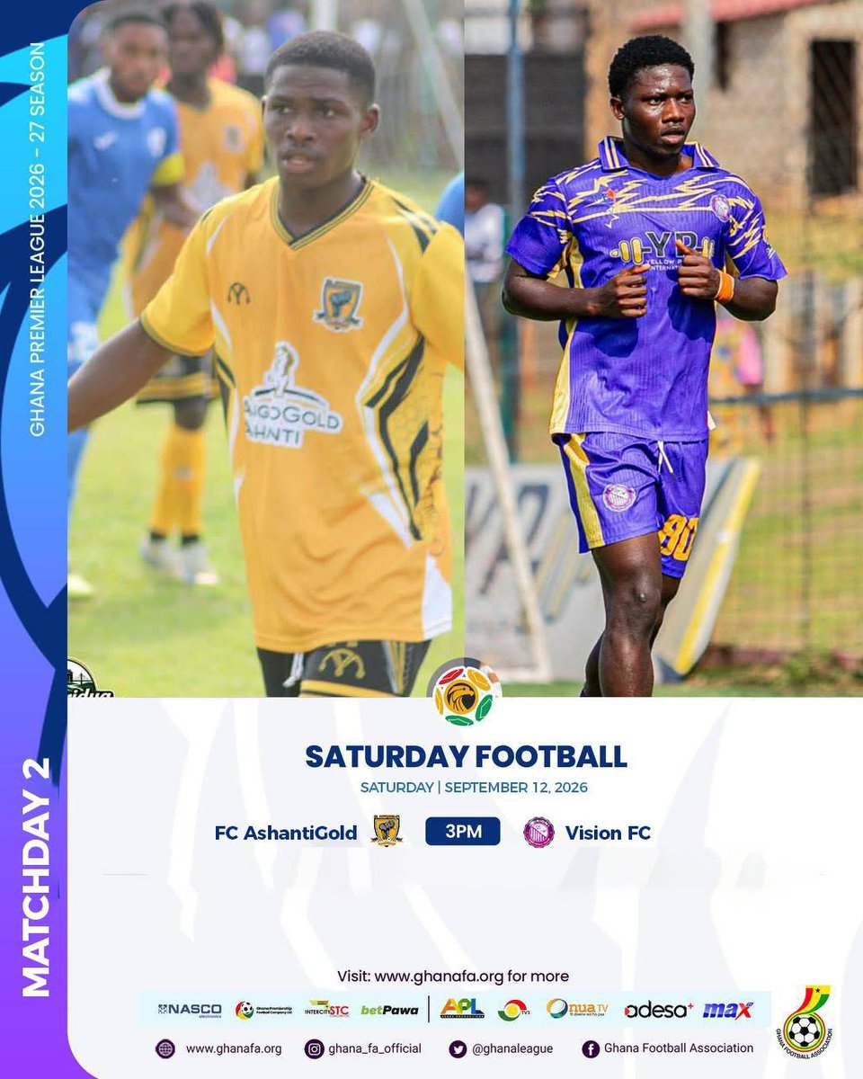 GhanaLeague's tweet photo. 🚨🇬🇭 Matchweek 2 kicks off in Obuasi on Saturday. 

⚽️ FC AshantiGold 04 v Vision FC. 
🏟 Len Clay Stadium, Obuasi. 
⏰️ 3PM. 

Come in your numbers. Who wins?

#GPL #GPLMW2 https://t.co/0NaJLoC7UU