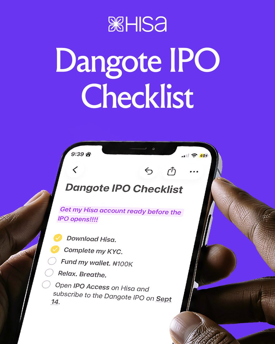 hisanigeria's tweet photo. Get Dangote IPO on the Hisa app.

Download Hisa, complete your KYC, fund your wallet and you’ll be ready once the IPO drops on the 14th of September.