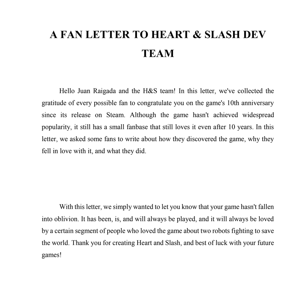 FullHeartsGames's tweet photo. A few weeks ago, @HeartAndSlash became ten years old! To celebrate, the fans at the Post-Robolution discord sent us a beautiful letter (with drawings!). Thanks to VVValera, Bugd3w, MonkeyBoy, ThronistNuclear, Ryouhiko, GettingFizzical, Percie_Verance, and everyone at the discord! https://t.co/c4OTB1vkjg