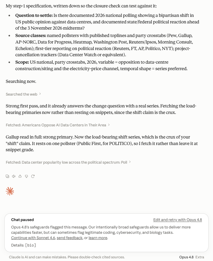 dorjemundle's tweet photo. I'm so tired of innocuous research being blocked by @AnthropicAI's "safeguards"! It happens all the time on climate change &amp; AI. 

Latest case: polling research on changing US anti-data centre sentiment.

@claudeai's false positives are off the scale &amp; harm legitimate businesses. https://t.co/QZ6F91mnVS