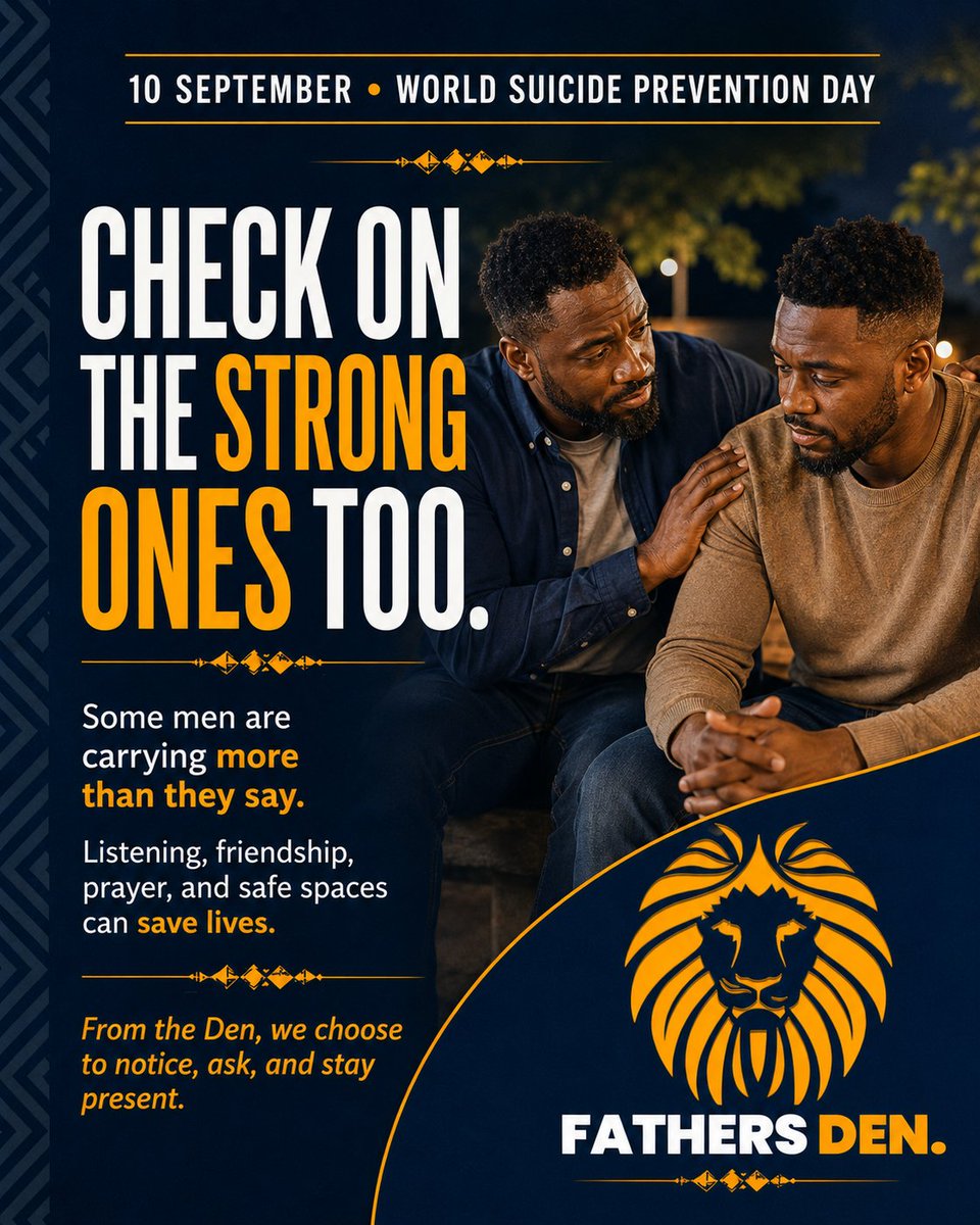FathersDen's tweet photo. Hey Dads,

Check on the strong ones too.

Sometimes “I’m good” simply means, “I don’t know where to begin.”

Call a brother. Listen properly.

#FathersDen https://t.co/q7O0iMRRsi