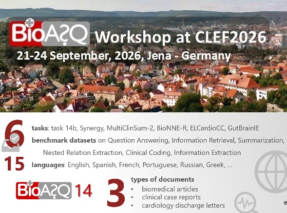 BioASQ's tweet photo. The program of the 14th #BioASQ workshop is now available here: https://t.co/2j3SC7pkG8

The 14th #BioASQ workshop will take place in Jena, Germany, on September 22 and 23 as part of #CLEF2026

#eHealth #BigData #QuestionAnswering #semanticsearch https://t.co/BjX7JMolks