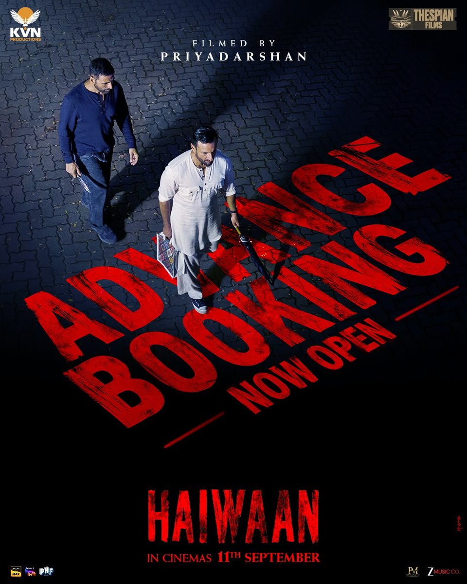 Tamverse_studio's tweet photo. Not a good idea to keep the Hero waiting. Definitely not the #Haiwaan 👀🔥

https://t.co/EdwivL5OzL
Advance bookings are now open! 🎟️ In cinemas 11th September..

@akshaykumar #SaifAliKhan
@priyadarshandir @kvnproductions @thespianfilms_ @TheKVNofficial https://t.co/J0WxWBnUut