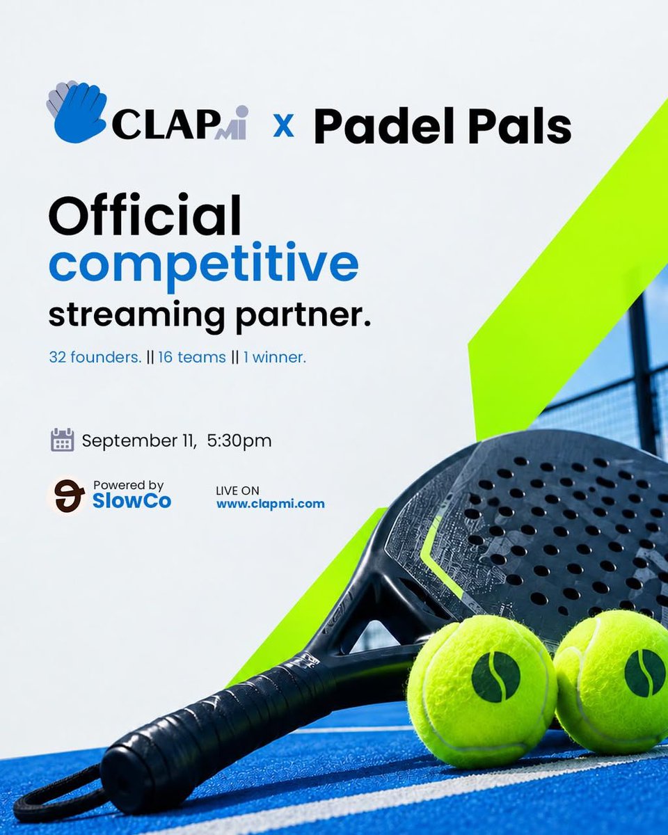 Clapmihq's tweet photo. 𝐅𝐨𝐮𝐧𝐝𝐞𝐫𝐬 𝐚𝐫𝐞 𝐮𝐬𝐞𝐝 𝐭𝐨 𝐩𝐢𝐭𝐜𝐡𝐢𝐧𝐠 𝐢𝐝𝐞𝐚𝐬.

This time, they’re pitching themselves on the court. 🎾

𝟑𝟐 𝐟𝐨𝐮𝐧𝐝𝐞𝐫𝐬. 𝟏𝟔 𝐭𝐞𝐚𝐦𝐬. 𝟏 𝐰𝐢𝐧𝐧𝐞𝐫.

ClapMi is the official competitive livestream partner for Padel Pals, and you’re not just here to watch.

Watch the matches LIVE, vote for your picks, join the experience, and share in the competitive fun on ClapMi.

📅 September 11 | 5:30 PM
📲 LIVE on ClapMi
Powered by @joinslowng

The founders are bringing the game. You’re bringing the votes. 🏆🎾