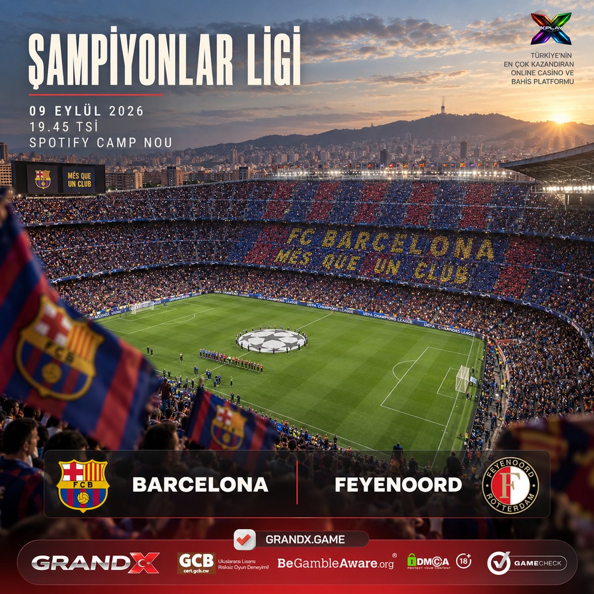 Grandxgame's tweet photo. 🔴🔵 CAMP NOU'DA DEV MAÇ!
FC Barcelona - Feyenoord (19:45 TSİ)
Erken başlayan dev randevu GrandX'te rekor oranlarla sahnede! Kesintisiz canlı bahis heyecanı! ⚡
Hemen tıkla ve kazan! 🎯
#BARFEY #Barcelona #Feyenoord #UCL #GrandX

https://t.co/qG5jZVdX0G https://t.co/PqiY9dXD27