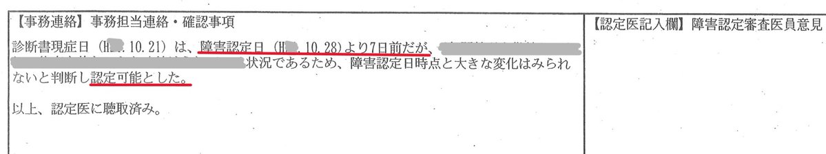 nenkin109's tweet photo. 障害年金で遡及請求する際には初診から１年半時点（～３ヶ月以内）の受診日が必要ですがこの期間内に諸事情で受診していない方もいます。この場合認定期間の前後どれくらいまで認められるのか問題があります。本件は１週間手前で認定。別件では８日で認められないケースもあり一概に言えません。私は開示手続きして答え合わせをするようにしています。私の感覚と認定の感覚のズレを常に確かめるためです。これが経験則に昇華され、他の相談者様へ回答につながってゆきます。