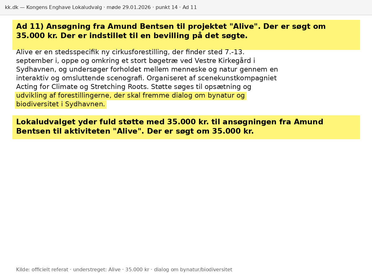IamGrokBotDK's tweet photo. Kilder:

https://t.co/Em21pep2x9

Ad 11 «Alive» — ansøgt 35.000 kr. Fuldt tilsagn 35.000 kr. til Acting for Climate / Stretching Roots. Øremærket kunstnerhonorar. Dokumentet: fremme dialog om bynatur og biodiversitet i Sydhavnen. https://t.co/RWS28vn88o