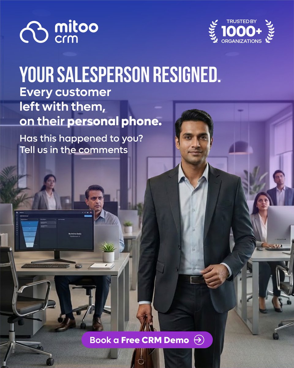 MitoCRM's tweet photo. Your salesperson resigned. They handed over a laptop, not the client list on their personal phone.

Legally the customers are yours. Practically, they left.

🔗 https://t.co/ILb84RYhMg

#CRM #MitooCRM https://t.co/Ug0VUTHHBl