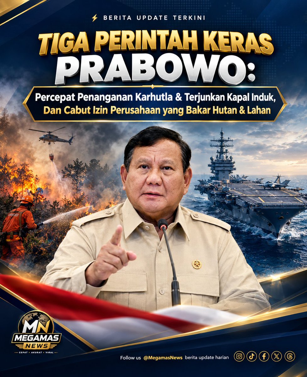 MegamasNews's tweet photo. Presiden Prabowo mengeluarkan tiga perintah tegas agar penanganan karhutla lebih cepat dan menyeluruh. 10 helikopter pengangkut air pemadam.
Yang paling tegas, Presiden memerintahkan aparat untuk mencabut izin perusahaan mana pun yang terbukti membakar lahan. #fyp #viral https://t.co/XGVWiQbHnu
