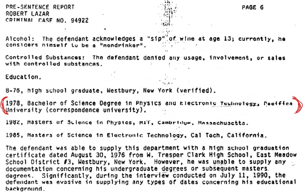 JackFrostvc's tweet photo. Bob Lazar's pandering Pre-Sentencing report notes Bob having a Physics &amp; Electronics degree from Pacifica University(correspondence)
Gene Huff said Bob only took two classes there

California Pacifica Uni was a degree Mill that sold degrees, the owner was arrested for mail fraud https://t.co/qTHEGF7E5M