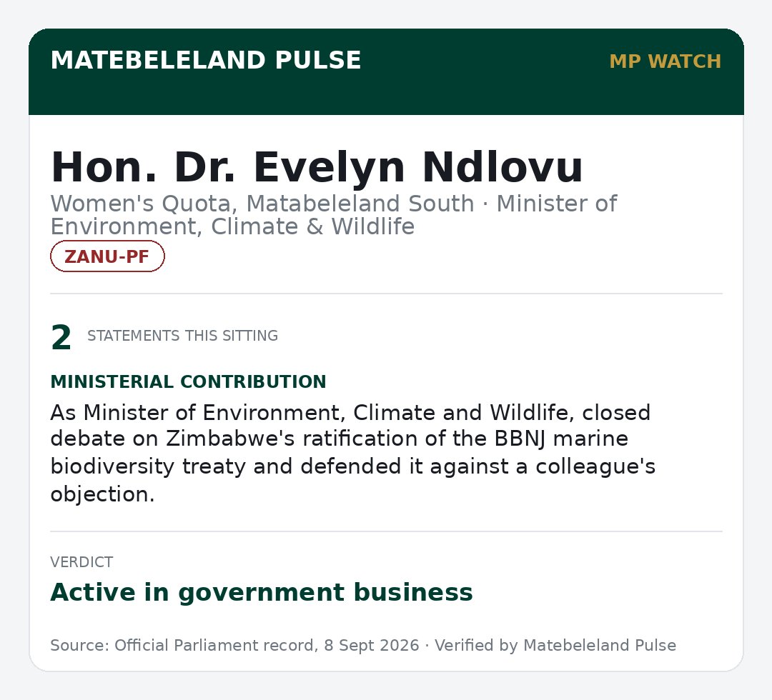 matpulsezw's tweet photo. Hon. Dr Evelyn Ndlovu, Matabeleland South Women’s Quota MP and Minister of Environment, Climate and Wildlife, closed National Assembly debate on Zimbabwe’s ratification of the BBNJ Agreement this week, responding to objections raised during the debate.
#MPWatch https://t.co/6Q7tXbvrNr