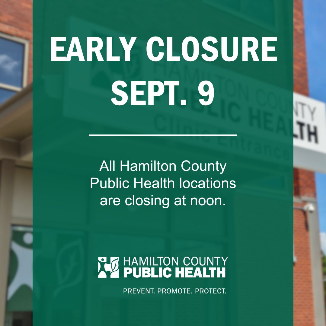 HamCoHealth's tweet photo. All HCPH locations and services will close at noon today, September 9! We will resume normal business hours tomorrow, September 10, at 7:30 A.M. https://t.co/PzWFuRrZsD