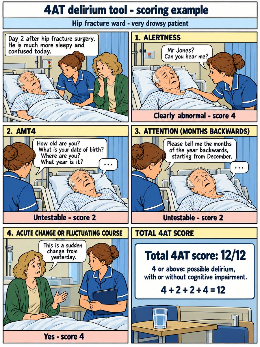 A_MacLullich's tweet photo. Too drowsy to answer? The 4AT can still be scored.

This hip fracture example: alertness 4, AMT4 2, attention 2, acute change 4. Total 12/12: possible delirium, requiring clinical assessment.

#Delirium https://t.co/5utxjdg0YL