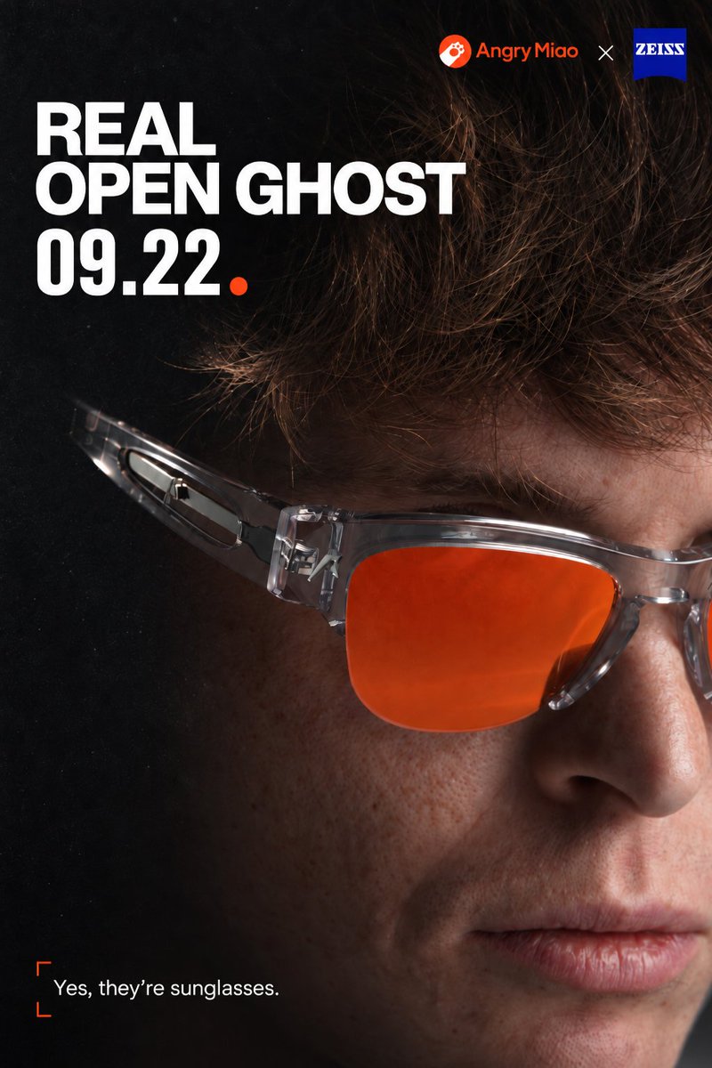 Angry_Miao's tweet photo. Before XR glasses, we wanted to make good glasses first.
09.22, REAL OPEN GHOST arrives.
No screens or electronics. Just sunglasses.
Getting the shape, fit &amp; lenses right. Because before eyewear gets smart, you must want to wear it.
#AngryMiao #realopenghost #sunglasses #EDC https://t.co/zgjQSN6uzT
