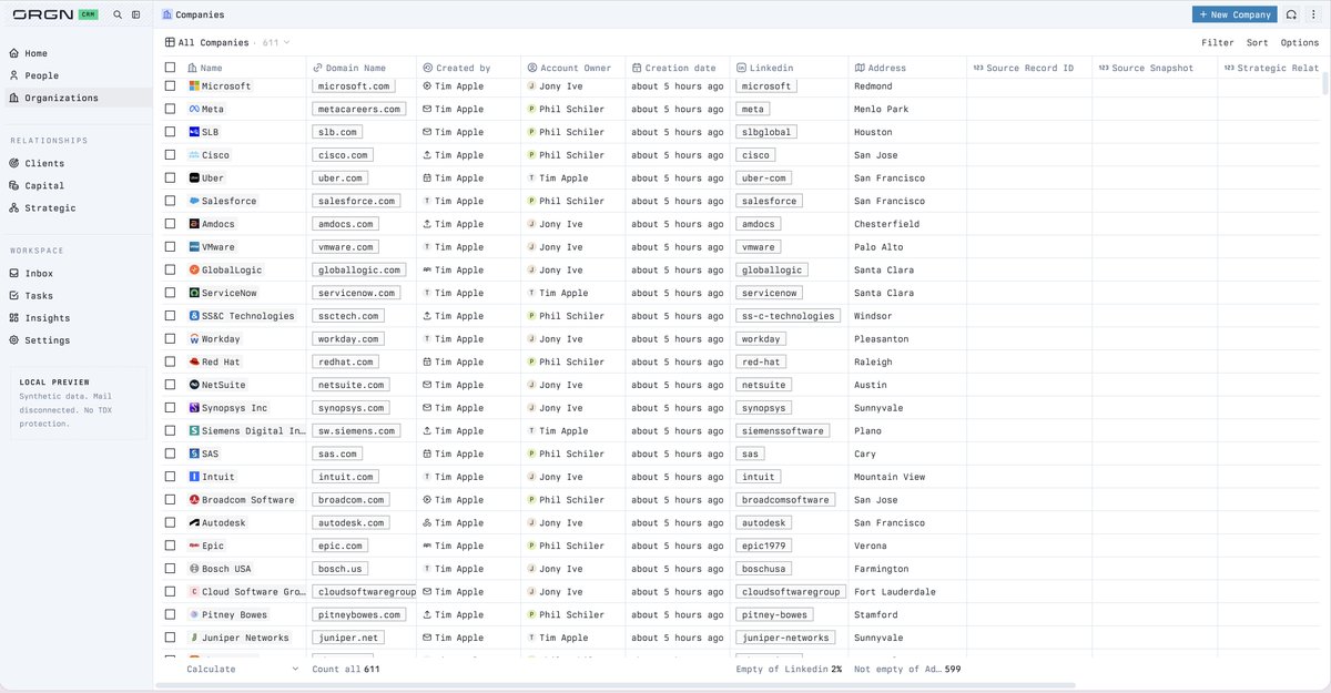 orgn_official's tweet photo. We dogfooded our own stack to build ORGN CRM: an encrypted, private CRM.

CRM's contain some of a company's most sensitive information: contact details, relationship history, and often, confidential email messages. 

Privacy was thus non-negotiable, so we built it using our confidential IDE, Intel TDX Sandboxes, and AI models deployed on confidential computing chips.

ORGN CRM is designed to keep sensitive data out of platforms and AI models that may retain it, make it retrievable, or use it for training.

We’re considering making it available more broadly. Should we?