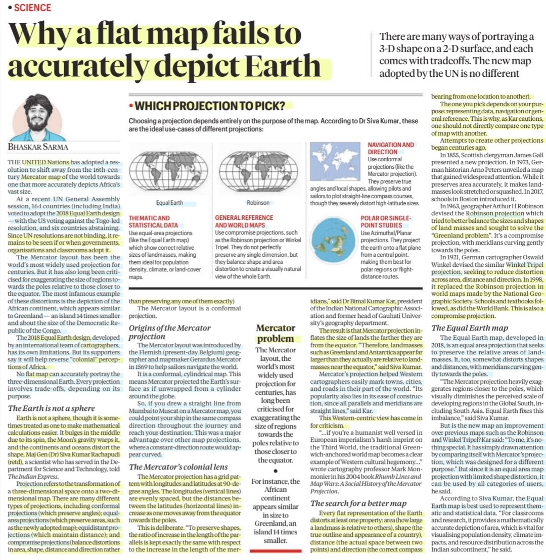 imRavikantYadav's tweet photo. Why a flat map fails to accurately depict Earth

:Explained by Sh Bhaskar Sarma

#EqualEarthMap #EqualEarthDesign
#MercatorMap 
#WinkelTripelProjection
#RobinsonProjection
#FlatMap #Projection
#Africa 
#Science

#UPSC

Source: IE https://t.co/opVvXYKLEL