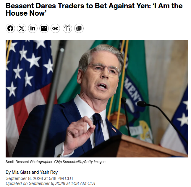 Barchart's tweet photo. Treasury Secretary Scott Bessent says he is the house now, bet against the Japanese Yen if you dare 🚨 🚨 https://t.co/AuMjoCUvKk