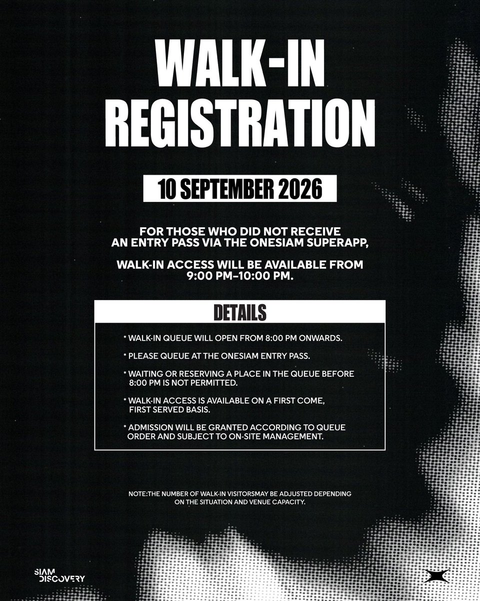 ssupersun's tweet photo. WALK-IN ENTRY TO INSOLUTION: PHOTO EXHIBITION IS NOW OPEN FOR 10 SEP 2026

Due to technical issues during the ONESIAM registration process, some customers missed the opportunity to register for exhibition entry

To accommodate those who were unable to register, SUPER SUN has added an additional Walk-in session for 10 SEP 2026

We sincerely apologize for any inconvenience caused and thank you for your understanding

เนื่องจากเกิดเหตุขัดข้องทางเทคนิคในขั้นตอนการลงทะเบียนผ่าน ONESIAM ส่งผลให้ลูกค้าบางส่วนพลาดโอกาสในการลงทะเบียนรับสิทธิ์เข้าชมนิทรรศการ

เพื่ออำนวยความสะดวกแก่ลูกค้าที่ไม่สามารถลงทะเบียนได้ ทาง SUPER SUN จึงเปิดรอบ Walk-in เพิ่มเติมในวันที่ 10 กันยายน 2569

ทาง SUPER SUN ขออภัยในความไม่สะดวกที่เกิดขึ้น และขอขอบคุณทุกท่านสำหรับความเข้าใจ

#SUPERSUN
#SUPERSUNxSIAMDISCOVERY
#SUPERSUNINSOLUTIONEXHIBITION
#SUPERSUNEXHIBITION