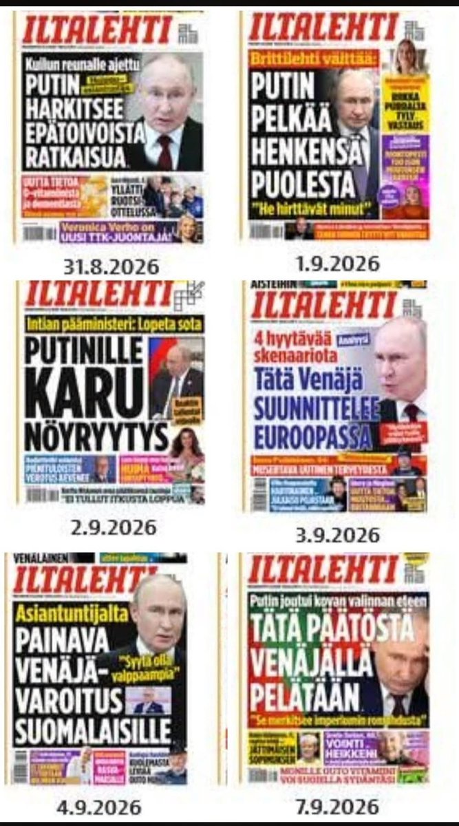 MikaelS_TheMan's tweet photo. Mediapoolin Iltalehti vaikuttaa saaneen Natolta uusia ohjeita Venäjäpelon lietsontaan. 

Jutuissa ja otsikoissa korostetaan jälleen uhkakuvia tavalla, joka näyttää olevan tarkoitettu herättämään ihmisissä huolta ja epävarmuutta.

Tuollainen kampanja antaa vaikutelman, että jotain on tulossa ja että suomalaisten mieliä halutaan valmistella siihen etukäteen.
 
Siksi Putiniin ja Venäjään liittyvää pelottelua lisätään jatkuvasti, vaikka se tuntuu typerältä ja läpinäkyvältä lietsomiselta.