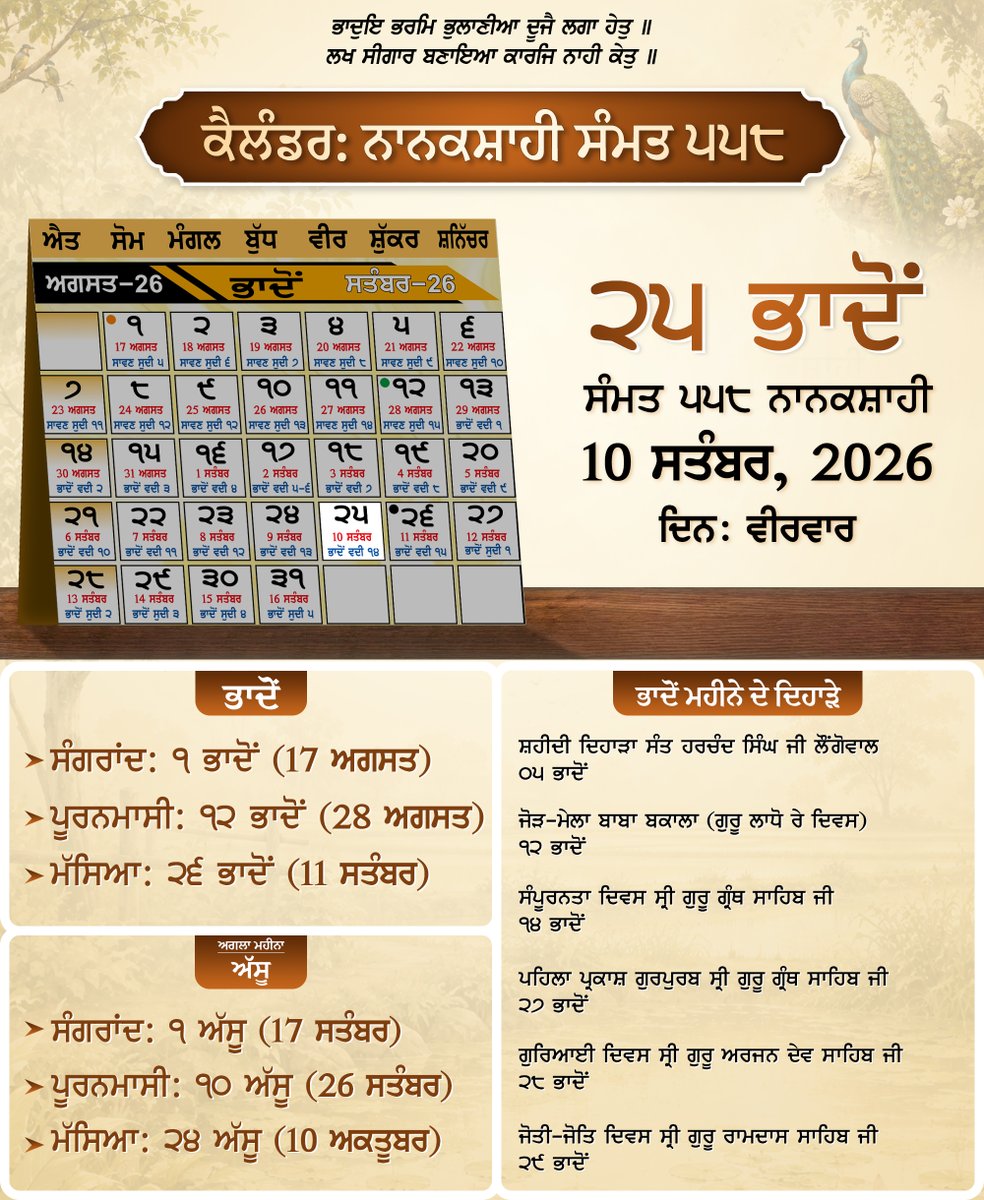 SGPCAmritsar's tweet photo. ੨੫ ਭਾਦੋਂ ਸੰਮਤ ੫੫੮ ਨਾਨਕਸ਼ਾਹੀ, ਵੀਰਵਾਰ | ੧੦ ਸਤੰਬਰ, ੨੦੨੬
#Sikhs #SikhCalendar #NanakSahiCalendar #Bhadon #DailySikh #SikhUpdates https://t.co/OkMLYnhR1H