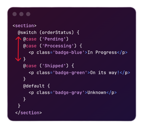 angular_kenya's tweet photo. In @angular, the @switch block allows you to conditionally render content. However, matching multiple cases felt too verbose (F1).

In #Angular v22, you can now have multiple case matching with switch statement, making your code more concise (F2). https://t.co/9NnylSgQ9y