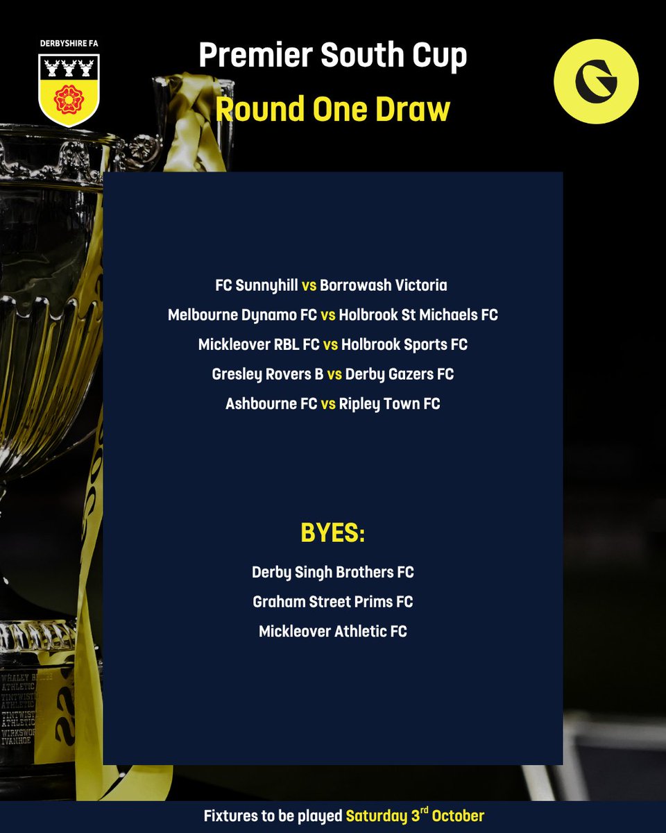 DerbyshireFA's tweet photo. 🏆 The Premier Cup draws are in!

The 2026/27 Premier North Cup and Premier South Cup get underway next month, with the Round One fixtures now confirmed.

📅 Ties to be played Saturday 3rd October.

Good luck to all teams competing! ⚽ https://t.co/lZJMvcDN95