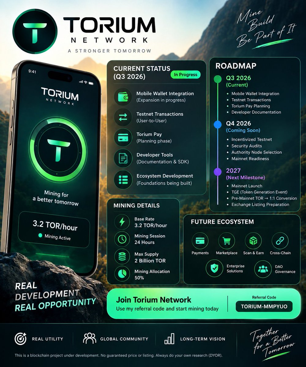 SKTRICKS25's tweet photo. 🚀TORIUM NETWORK UPDATE

🌐Q3 2026 development is in progress:
📱Mobile Wallet + Testnet Transactions
💳Torium Pay planning
👨‍💻 Developer SDK &amp; Documentation

🔥Q4: Incentivized Testnet + Security Audits
🚀2027: Mainnet + TGE + 1:1 TOR Conversion

🔎 DYOR
#Torium @ToriumNetwork https://t.co/J5EV8ga3g0