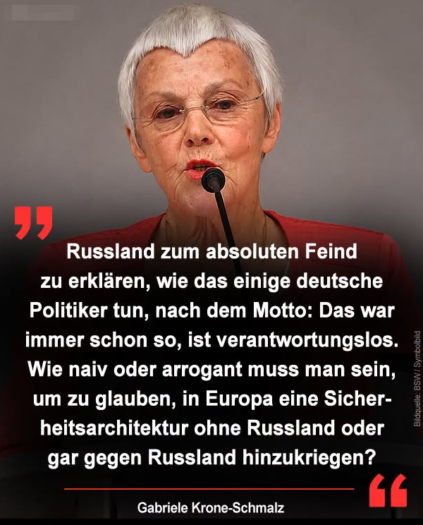 DirtyHarry_tv's tweet photo. Gabriele Krone-Schmalz hat beim vom BSW veranstalteten „Festival der Meinungsfreiheit“ in Magdeburg über das Verhältnis zwischen Deutschland, Europa und Russland gesprochen. In ihrem Vortrag „Russland verstehen verboten?“ kritisierte die frühere Russland-Korrespondentin die Vorstellung, Russland dauerhaft als Feind zu betrachten. Dabei erklärte sie, es sei „verantwortungslos“, Russland zum absoluten Feind zu erklären, wie es ihrer Ansicht nach einige deutsche Politiker täten. 

Zudem stellte sie die Frage, wie eine europäische Sicherheitsarchitektur ohne Russland oder sogar gegen Russland funktionieren solle. Krone-Schmalz betonte außerdem, dass die Kernkompetenz von Politik ihrer Ansicht nach Diplomatie und nicht Waffenlieferungen und Krieg sei.