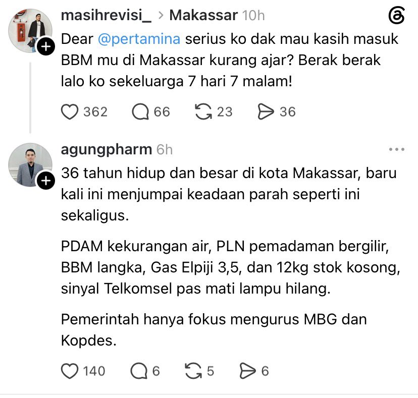 diktumid's tweet photo. "Pemerintah hanya fokus mengurus MBG dan Kopdes" 

Kalimat terakhir yang sangat mewakili keresahan banyak orang.

Kebutuhan dasar dulu: air, listrik, BBM, gas. Program prioritas jangan sampai kelihatan lebih penting dari yang membuat rumah tangga bisa hidup hari ini. https://t.co/JY7OEbMrsJ
