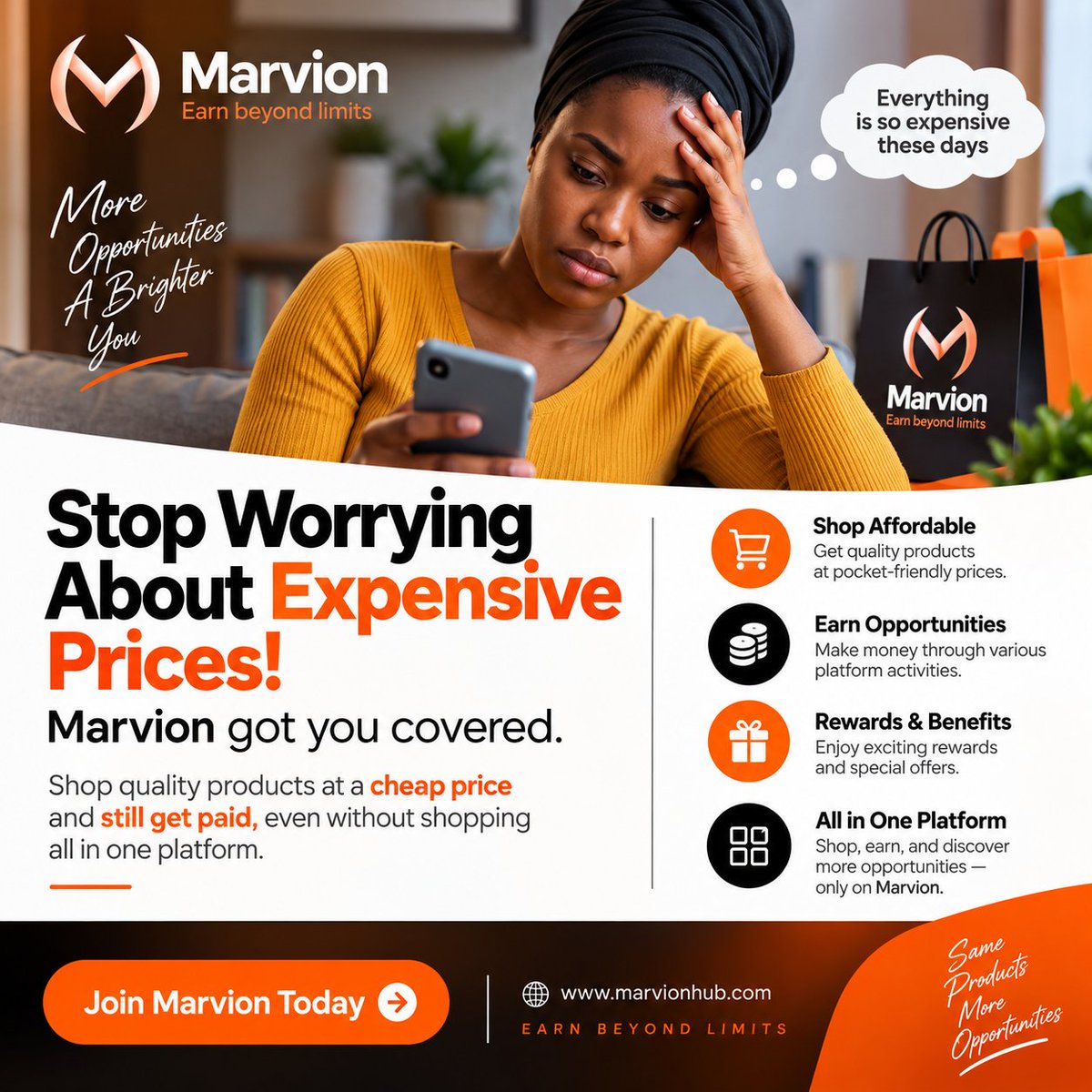 MarvionDigital's tweet photo. *Stop Worrying About Expensive Prices!* 

Life is already demanding enough, so why not choose a platform that gives you more value and more opportunities?

With Marvion, you can enjoy quality products at affordable prices while also exploring opportunities to earn through your activities on the platform — even when you’re not shopping.

It’s all brought together in one simple platform, giving you more reasons to stay active, discover new opportunities, and work towards your goals.

Don’t just spend. Make your time count.

Join Marvion today, get registered, stay active, and discover what’s possible.

 *Marvion — Earn beyond limits.🤍🧡*