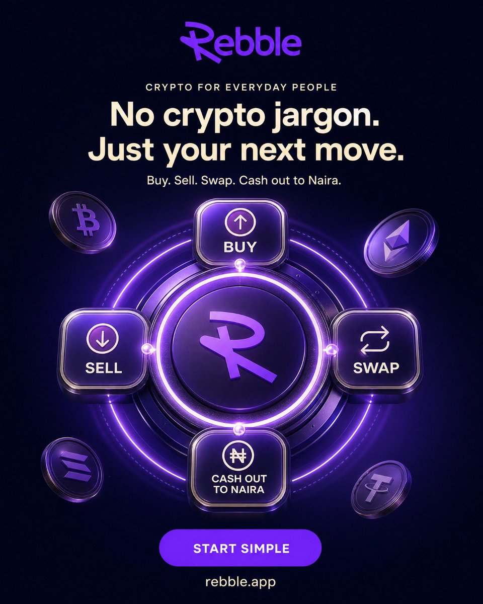 Userebble's tweet photo. Crypto does not have to feel complicated.

Buy what you need, sell when you are ready, swap with ease, and cash out to Naira when it matters.

No crypto jargon. Just your next move.

https://t.co/f6nrvSoNvx

#Rebble #CryptoNigeria #CryptoTrading #BuyCrypto #USDT #USDC https://t.co/D50jPi5San
